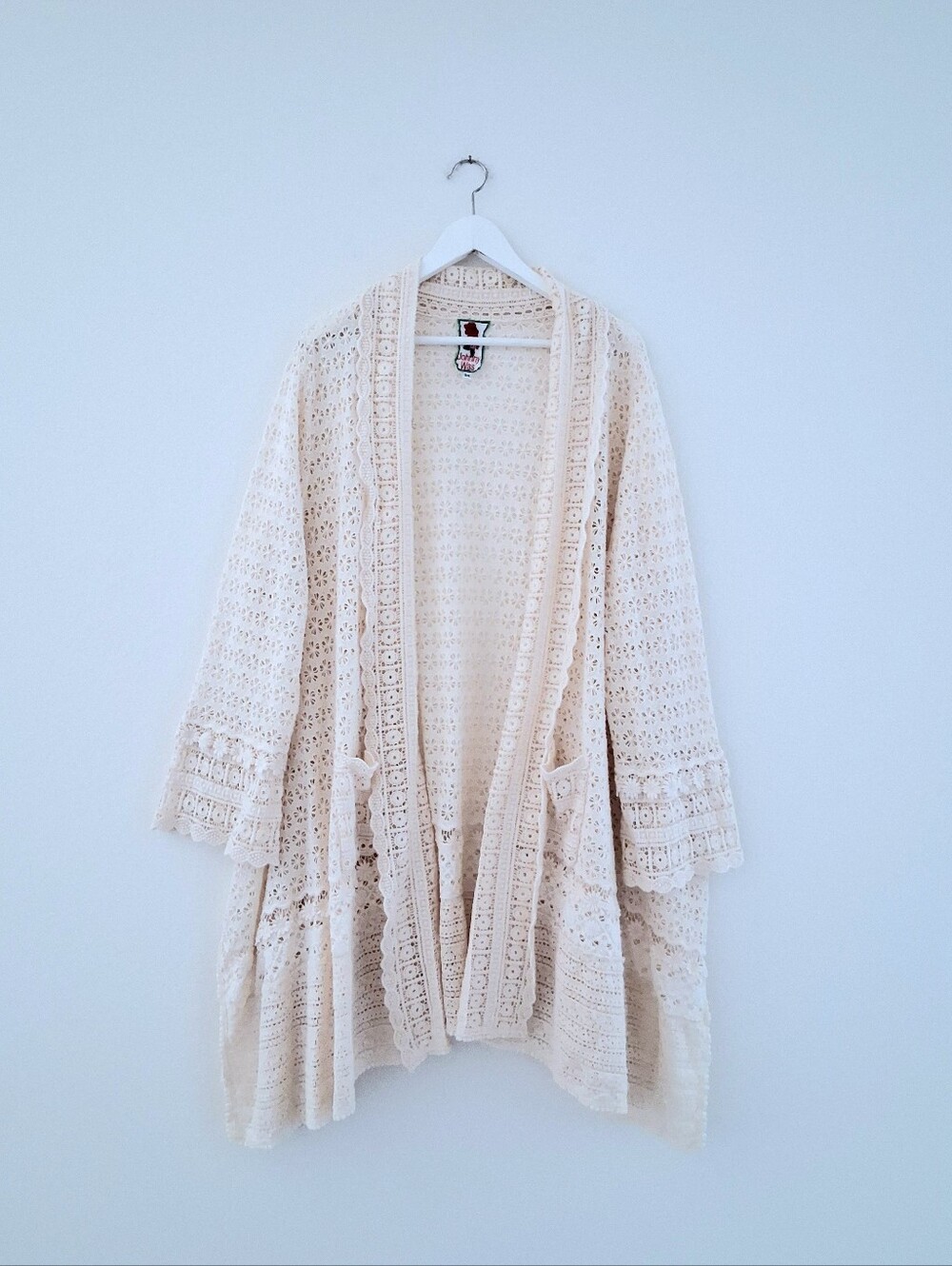 Johnny Was Crochet Lace Open Front Kimono Jacket Ivory Ecru Cotton Knit